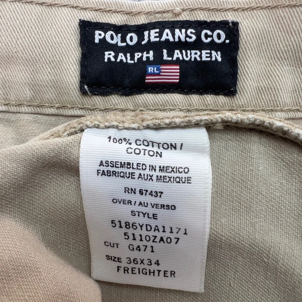 Vintage Y2K Polo Jeans Ralph Lauren Khaki Wide Leg Freighter Cargo Pants 36x29